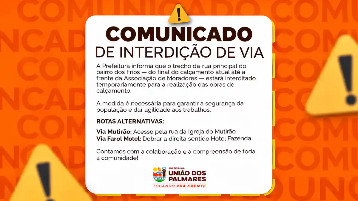 Rua do bairro dos Frios será interditada para obra de calçamento em União dos Palmares